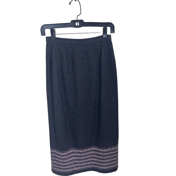 Petite Sophisticate 0P Wool Gray Pink Border Accent Wrap Lined Midi Pencil Skirt - Picture 3 of 9